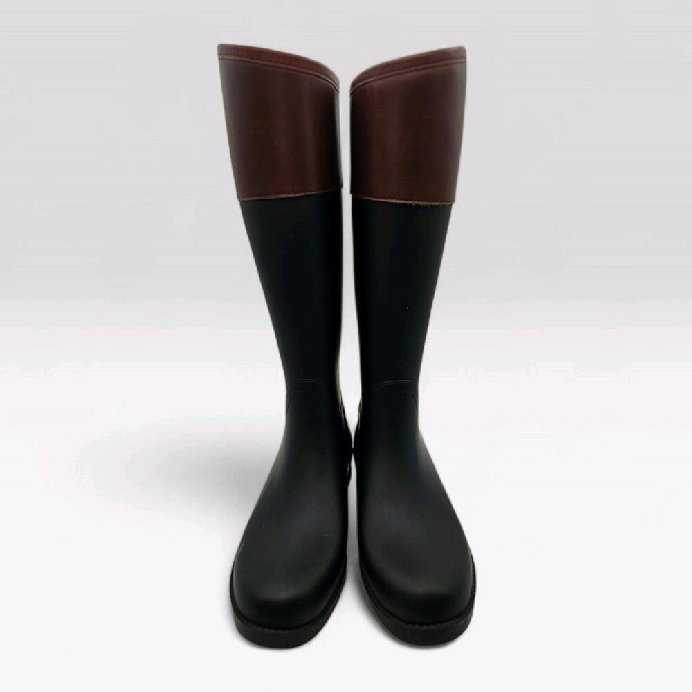 Tory Burch Diana Rain Boot Black Rubber Brown Leather Riding Boots Logo Sz 6 - Picture 2 of 7